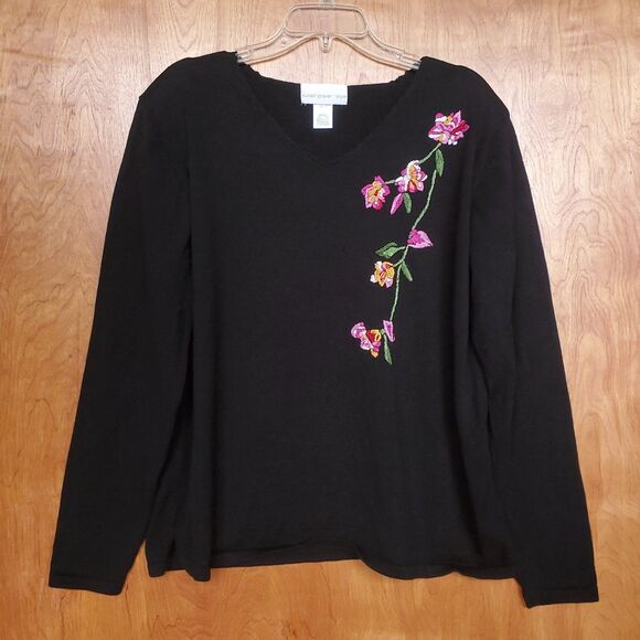 Susan Graver Style Sweater XL Black Pullover Embroidered Flowers V Neck Floral - Picture 2 of 10